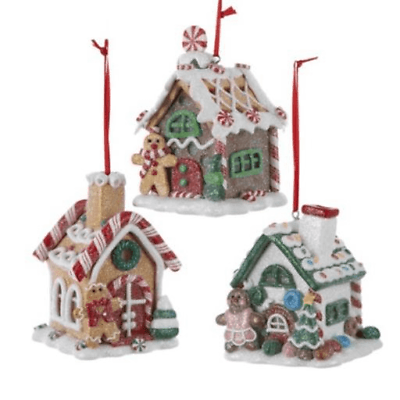 KURT ADLER SET OF 3 CLAYDOUGH B/O LIGHTED LED GINGERBREAD HOUSE XMAS ORNAMENTS