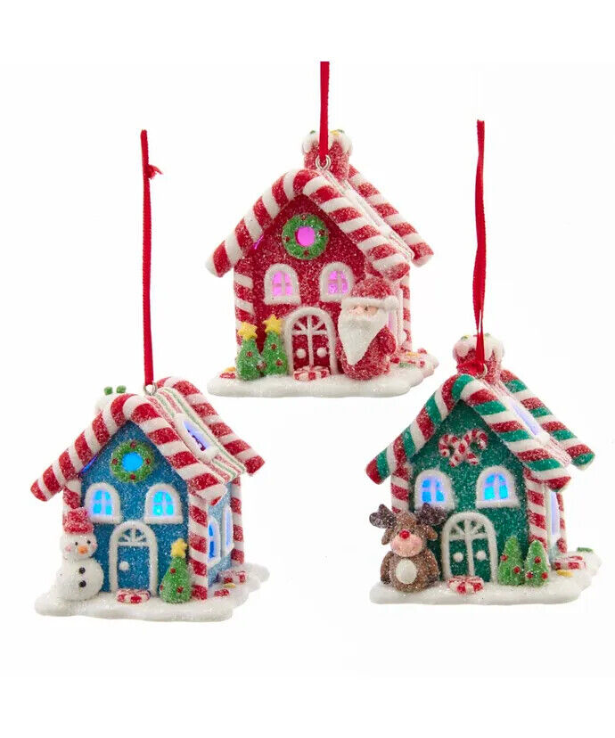 KSA SET OF 3 CLAYDOUGH B/O LIGHTED LED GINGERBREAD HOUSE XMAS ORNAMENTS D3866