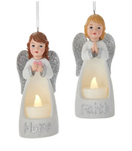 Load image into Gallery viewer, KURT ADLER SET OF 2 HOPE/FAITH 4.7.5&quot; B/O WHT/SIL ANGEL w/LIGHT XMAS ORNAMENTS
