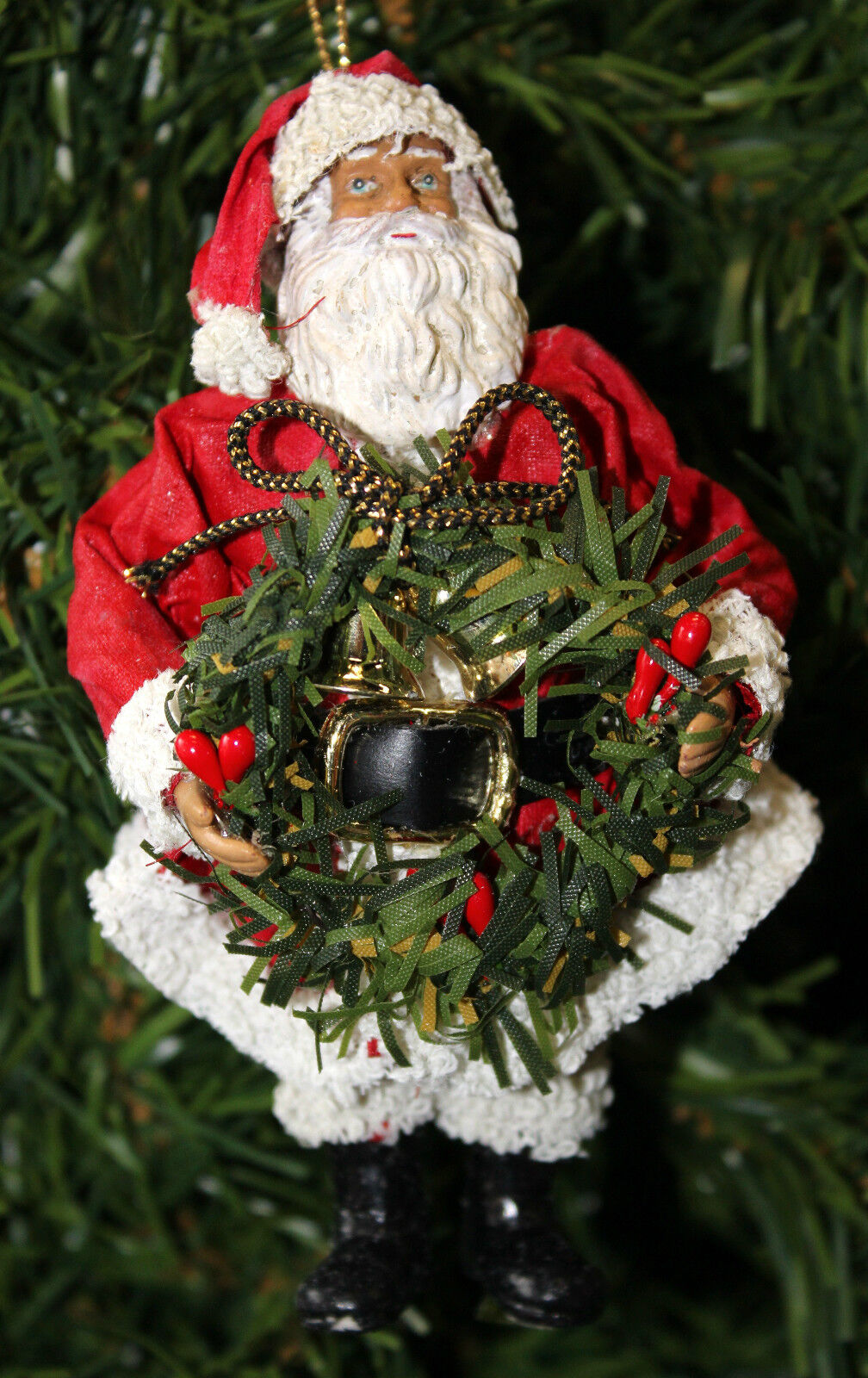 VINTAGE KURT S. ADLER FABRICHÉ SANTA HOLDING WREATH CHRISTMAS ORNAMENT