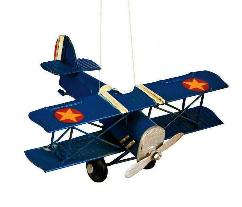 GALLERIE II HAND PAINTED METAL VINTAGE BLUE BIPLANE AIRPLANE CHRISTMAS ORNAMENT