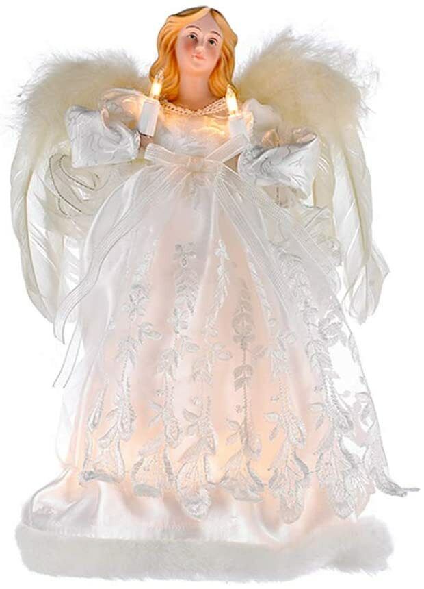 KURT ADLER 10 LIGHT IVORY ANGEL w/FEATHER WINGS CHRISTMAS TREE TOPPER DECORATION