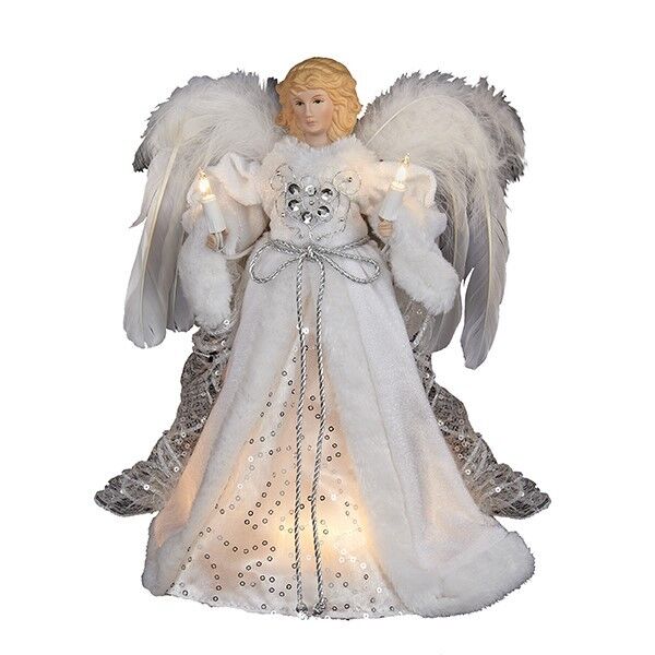 KURT ADLER 10 LIGHT WHITE & SILVER ANGEL CHRISTMAS TREE TOPPER DECORATION