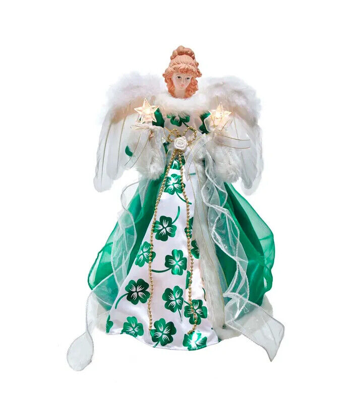 KURT ADLER 10 LIGHT WHITE & GREEN IRISH ANGEL XMAS TREE TOPPER DECORATION UL2226